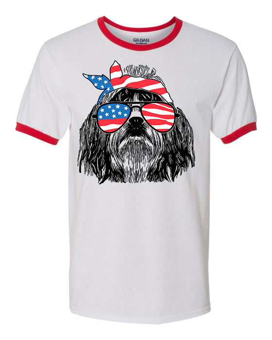 Shih Tzu with Flag Bandana and Glasses Tee - Southern Grace Creations