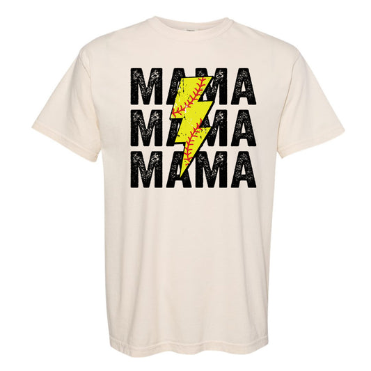 Softball Lightning Bolt Mama Mama Mama - Ivory Comfort Color Short Sleeves Tee - Southern Grace Creations