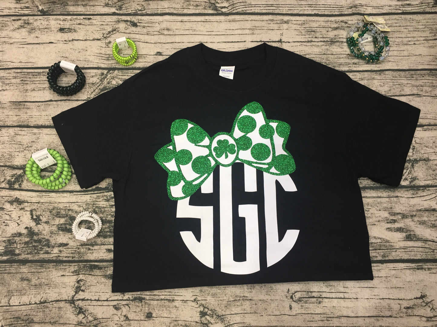 St Patrick’s Bow Monogram - Black Short-Sleeve Tee - Southern Grace Creations