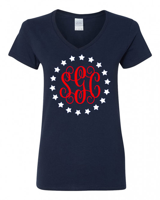 Stars Circle Monogram - Navy LADIES V-Neck Tee - Southern Grace Creations