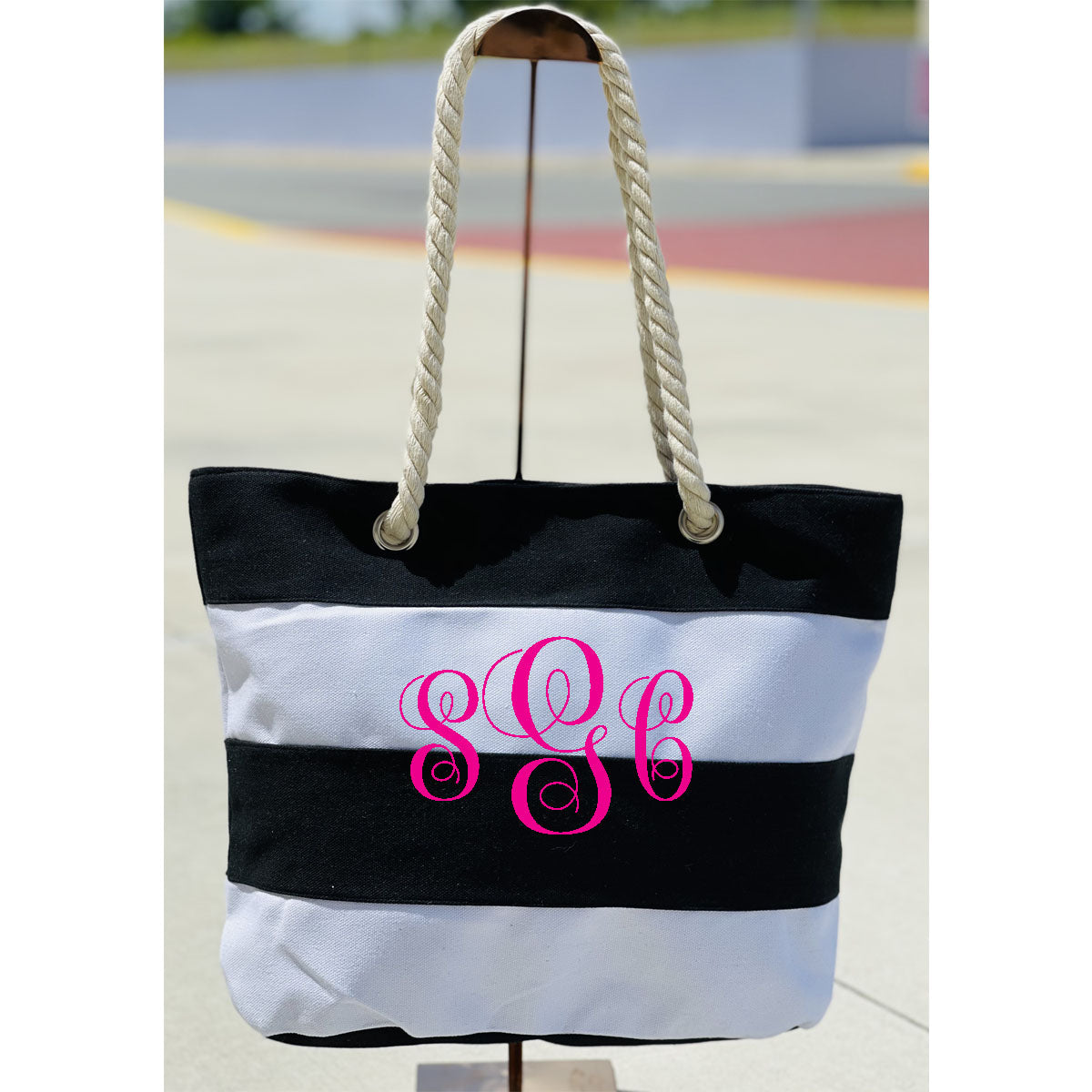 Stripe Beach Tote - Black/White - Southern Grace Creations