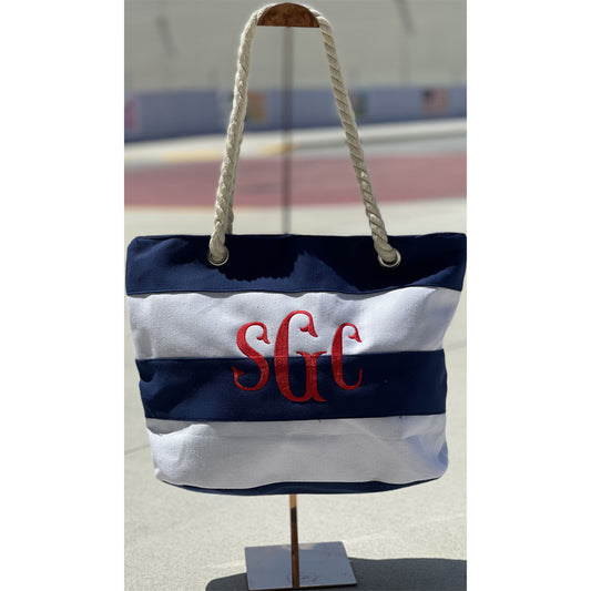 Stripe Beach Tote - Navy/White - Southern Grace Creations