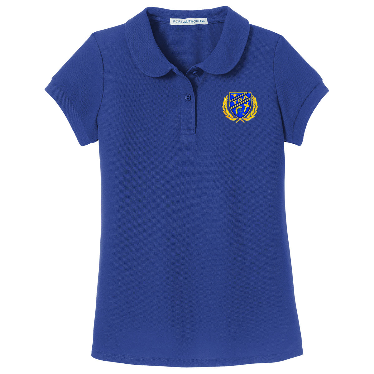 Tattnall - Girls Peter Pan Collar Polo with Crest - Royal (YG503) - Southern Grace Creations