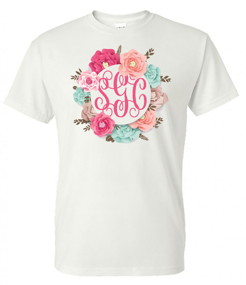 The Perfect Flower Frame Monogram New design- White Short Sleeve Tee - Southern Grace Creations