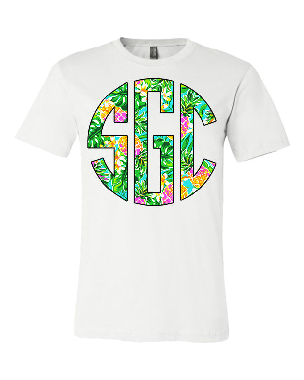 Tropical Pineapple Print Monogram - White Tee - Southern Grace Creations