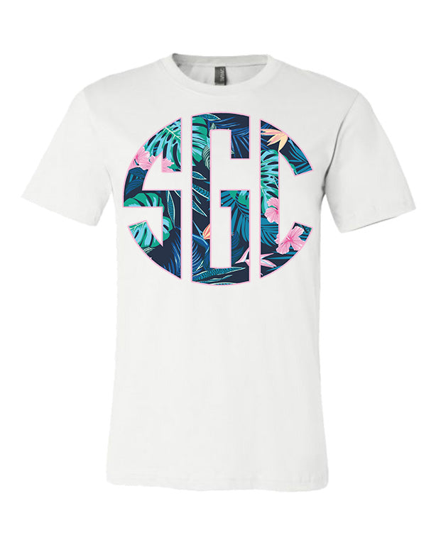 Tropical Print Monogram - White Tee - Southern Grace Creations