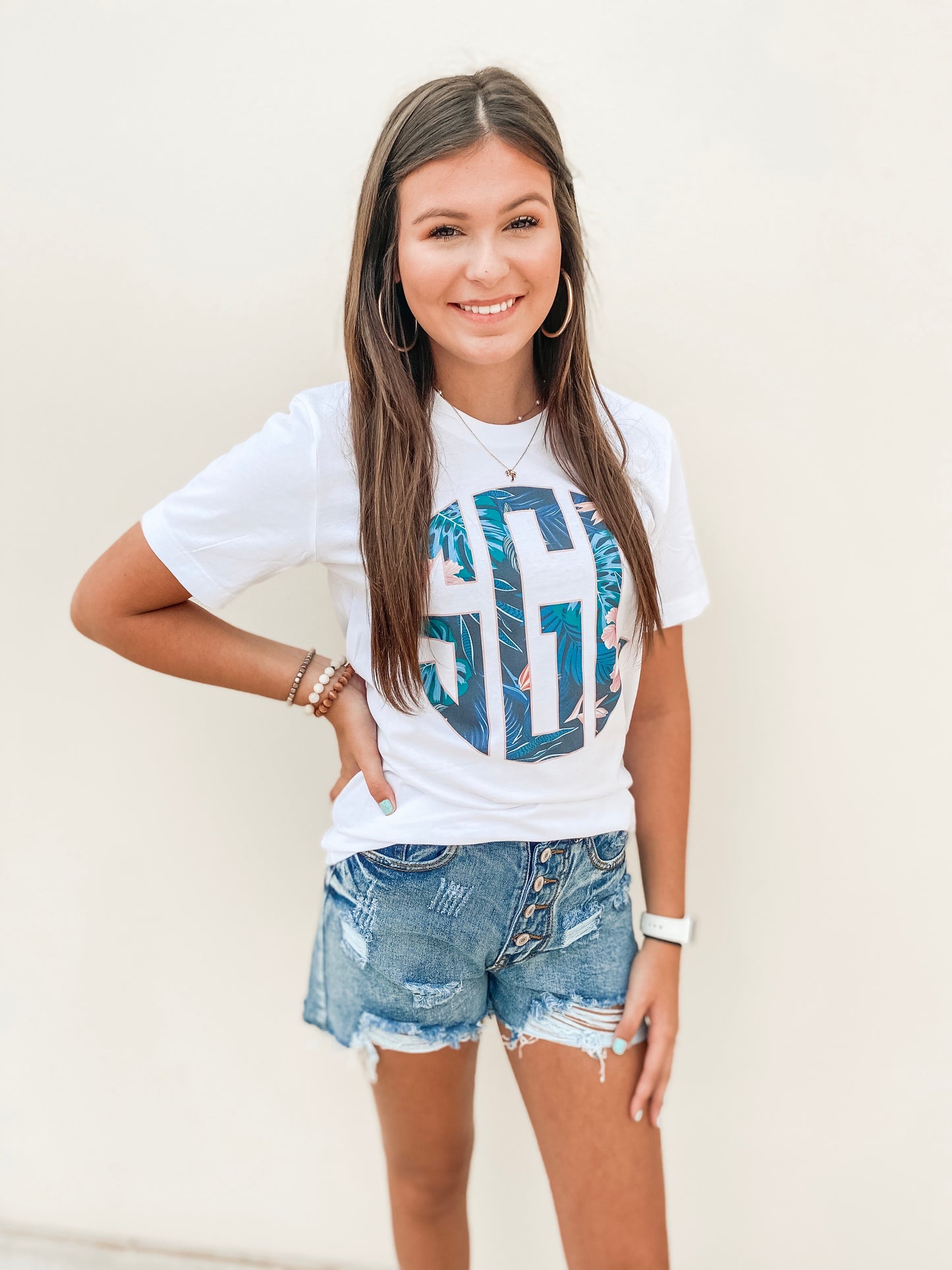 Tropical Print Monogram - White Tee - Southern Grace Creations