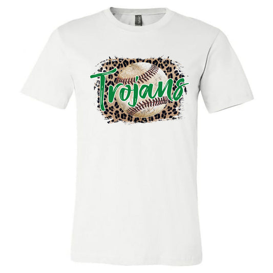 Twiggs Academy - Trojans Baseball Leopard Background - White (Tee/Hoodie/Sweatshirt) - Southern Grace Creations