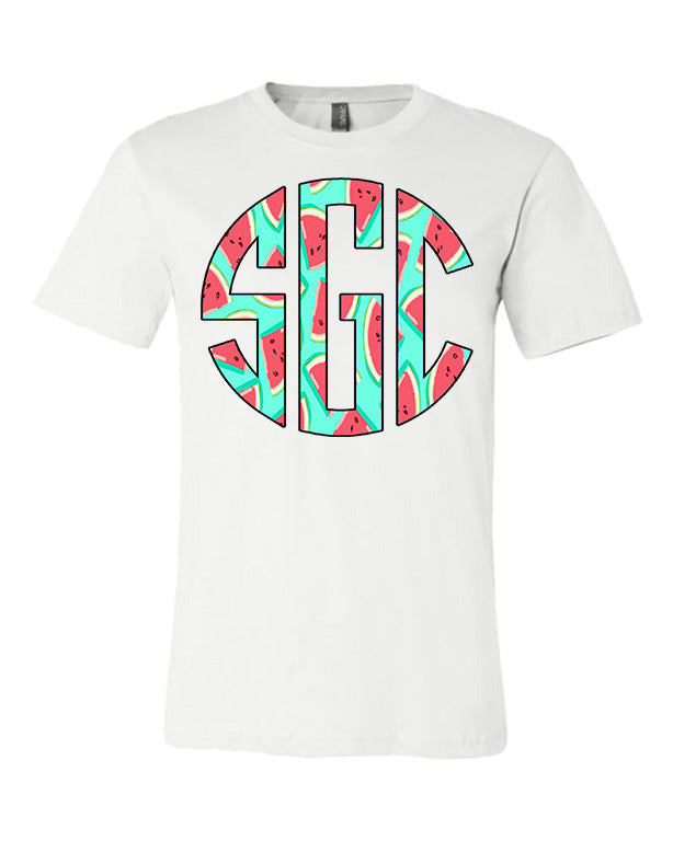 Watermelon Print Monogram - White Tee - Southern Grace Creations