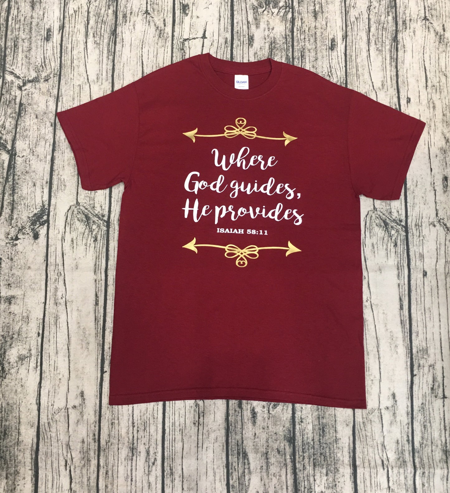 “Where God guides, he provides” Isaiah 58:11 - Maroon Short Sleeve Tee - Southern Grace Creations