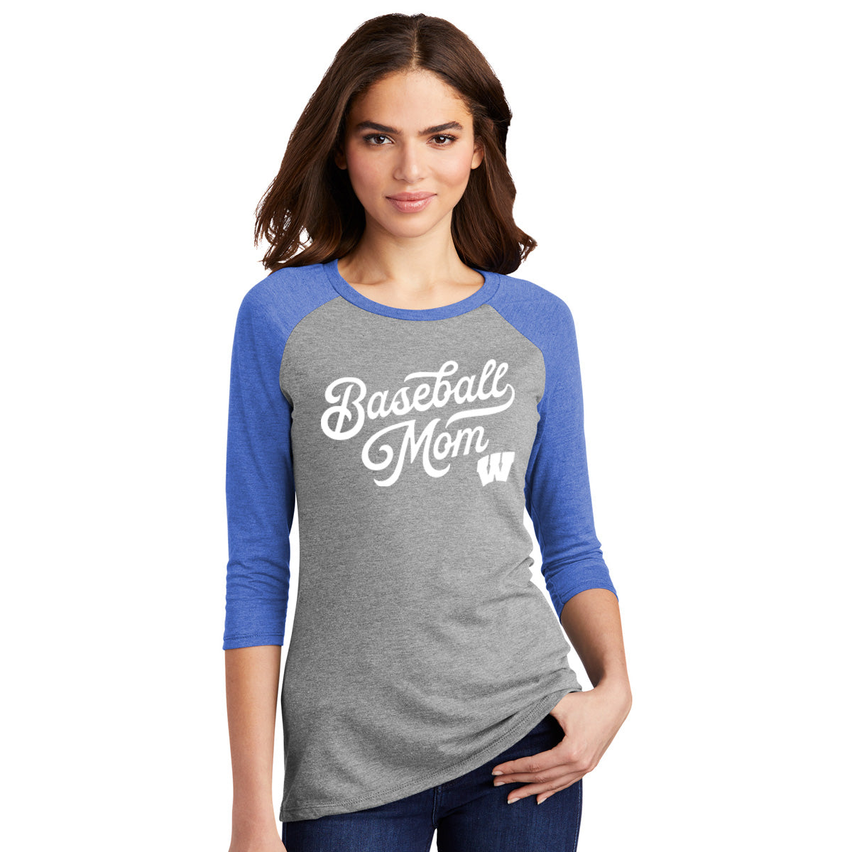 Windsor - Baseball Mom Script W - District Women’s Perfect Tri 3/4-Sleeve Raglan - Royal Frost/ Grey Frost (DM136L) - Southern Grace Creations