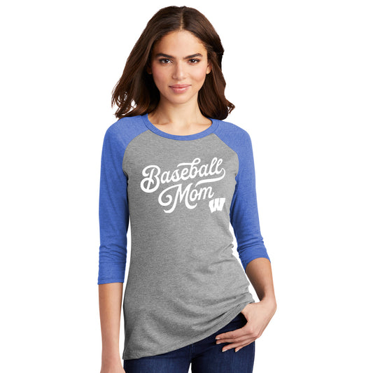 Windsor - Baseball Mom Script W - District Womenβs Perfect Tri 3/4-Sleeve Raglan - Royal Frost/ Grey Frost (DM136L) - Southern Grace Creations