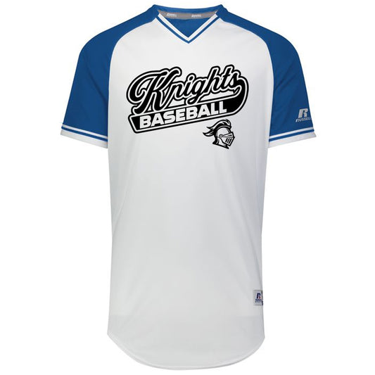 Windsor - Knights Baseball Retro - Classic V-Neck Jersey - White/Royal/White (R01X3M) - Southern Grace Creations