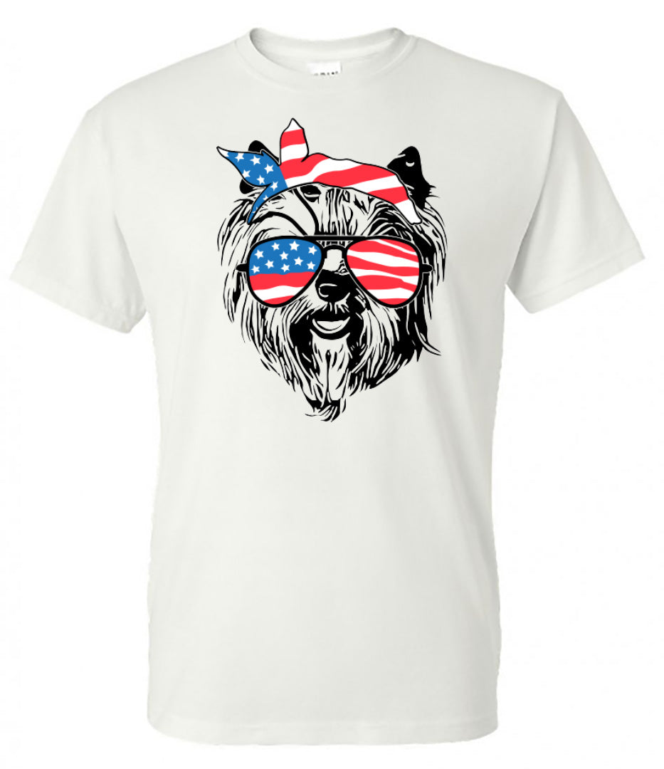 Yorkie with Flag Bandana & Glasses Tee - Southern Grace Creations
