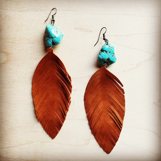 ••Tan Suede Feather Earrings with Turquoise Chunks