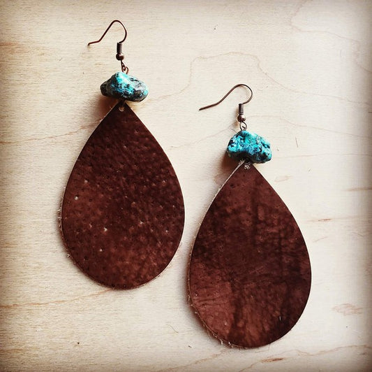 ••Teardrop Earrings in Brown with Turquoise Chunk