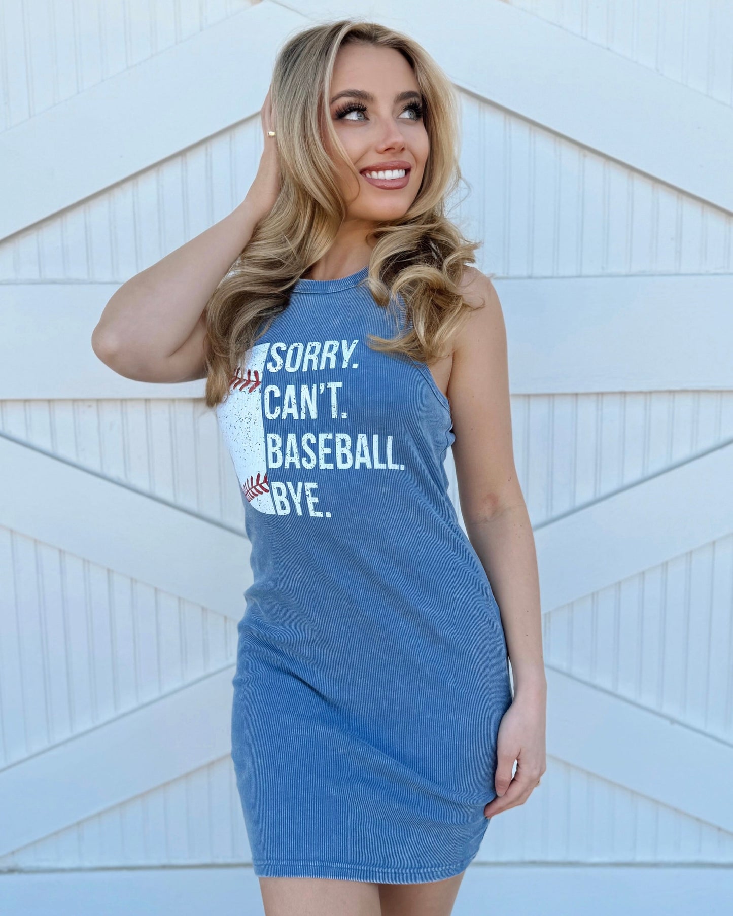 Blue Acid-Washed SORRY. CAN’T. BASEBALL. BYE. Ribbed Mini Dress