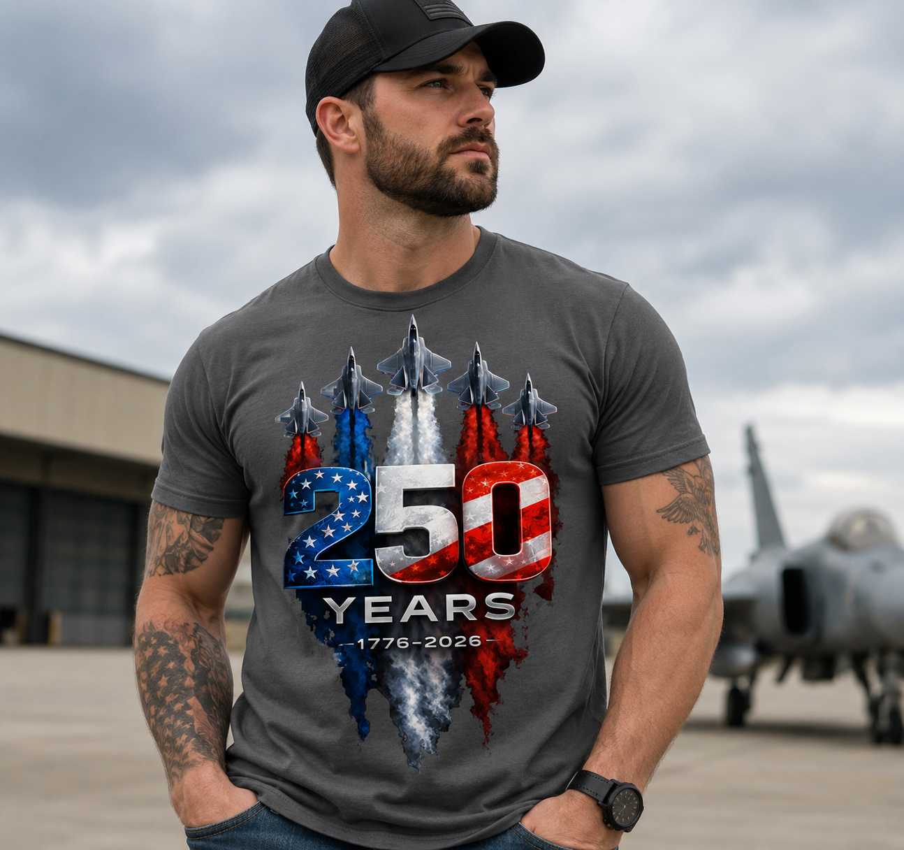 250 Years Patriotic Fighter Jet T-Shirt (1776–2026)