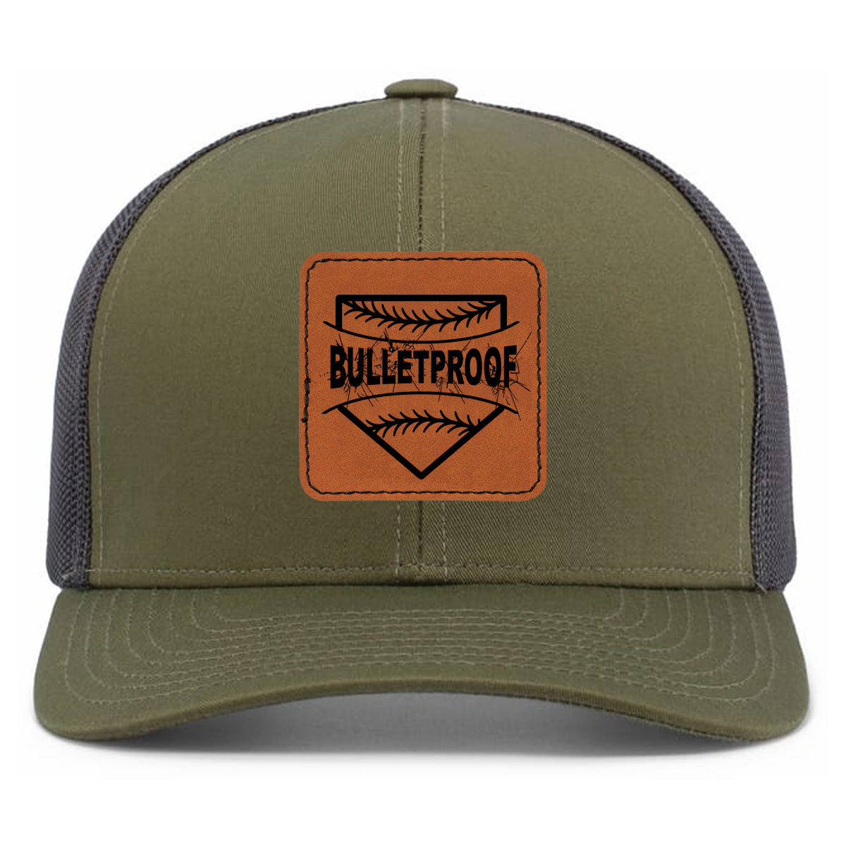 Bulletproof Fastpitch - Trucker Snapback Cap with Leather Patch - Moss Green/Lt Charcoal/Moss Green (104C) - Southern Grace Creations