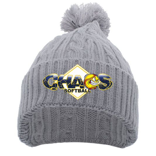 Chaos - CABLE KNIT POM-POM BEANIE with Chaos Logo - Silver (643K) - Southern Grace Creations