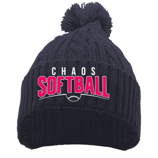 Chaos - CABLE KNIT POM-POM BEANIE with Chaos Softball Curved - Navy (643K) - Southern Grace Creations