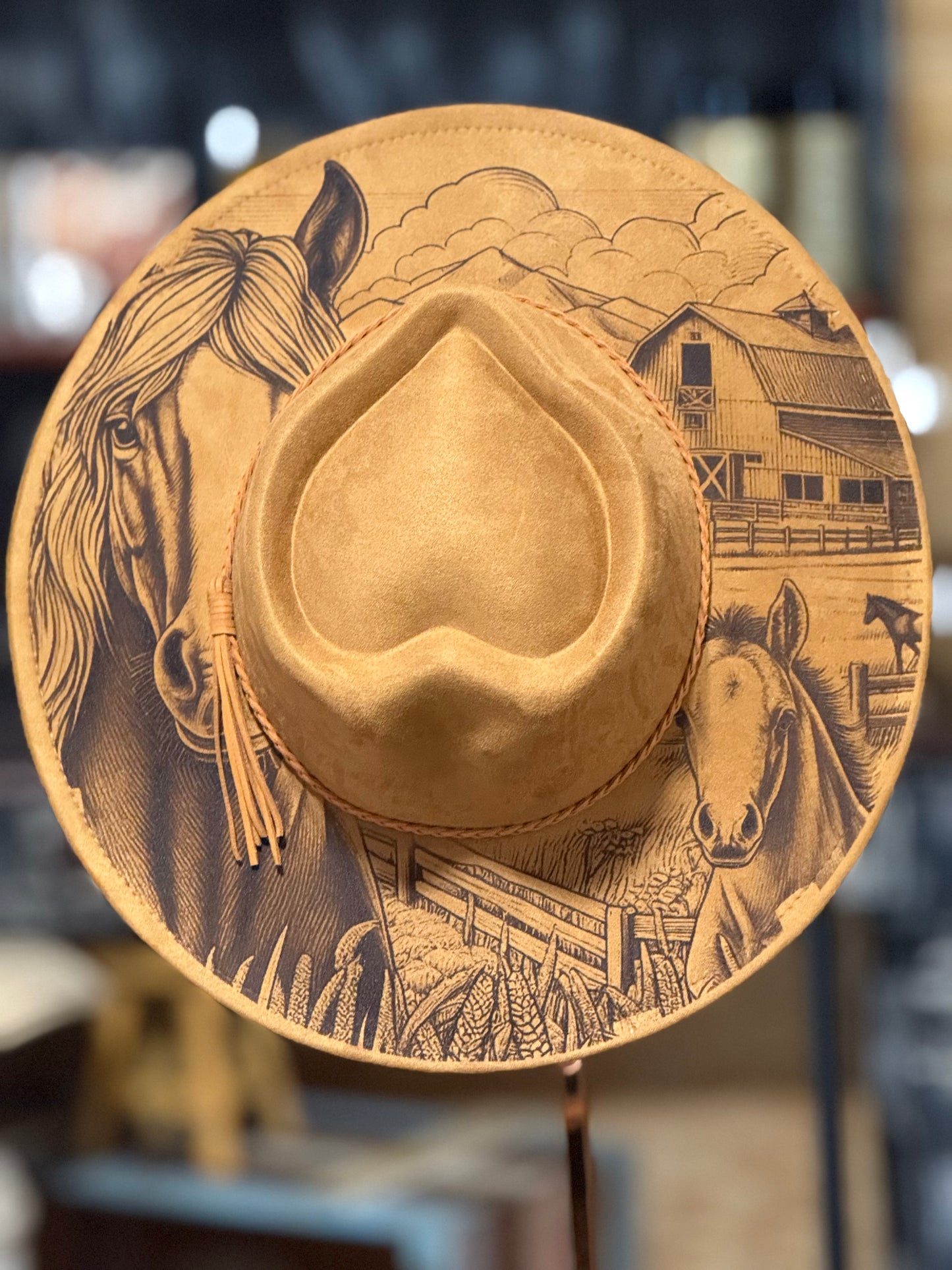 Vegan suede lasered cowboy hat horse, fold and barn