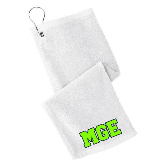 Elite - Grommeted Towel with MGE (Varsity Font) - White (PT400) - Southern Grace Creations