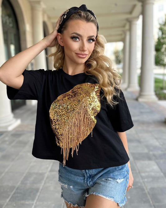 Black/Gold Cropped Sequin Fringe Football Tee