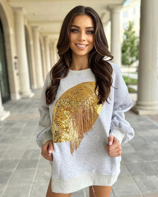 Gray/Gold Sequin Fringe Football Pullover