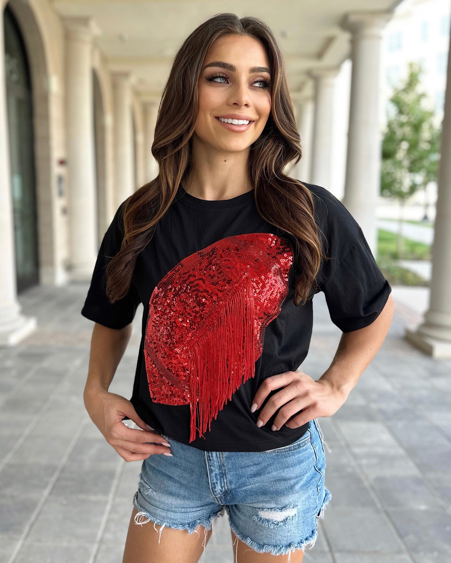 Black/Red Cropped Sequin Fringe Football Tee