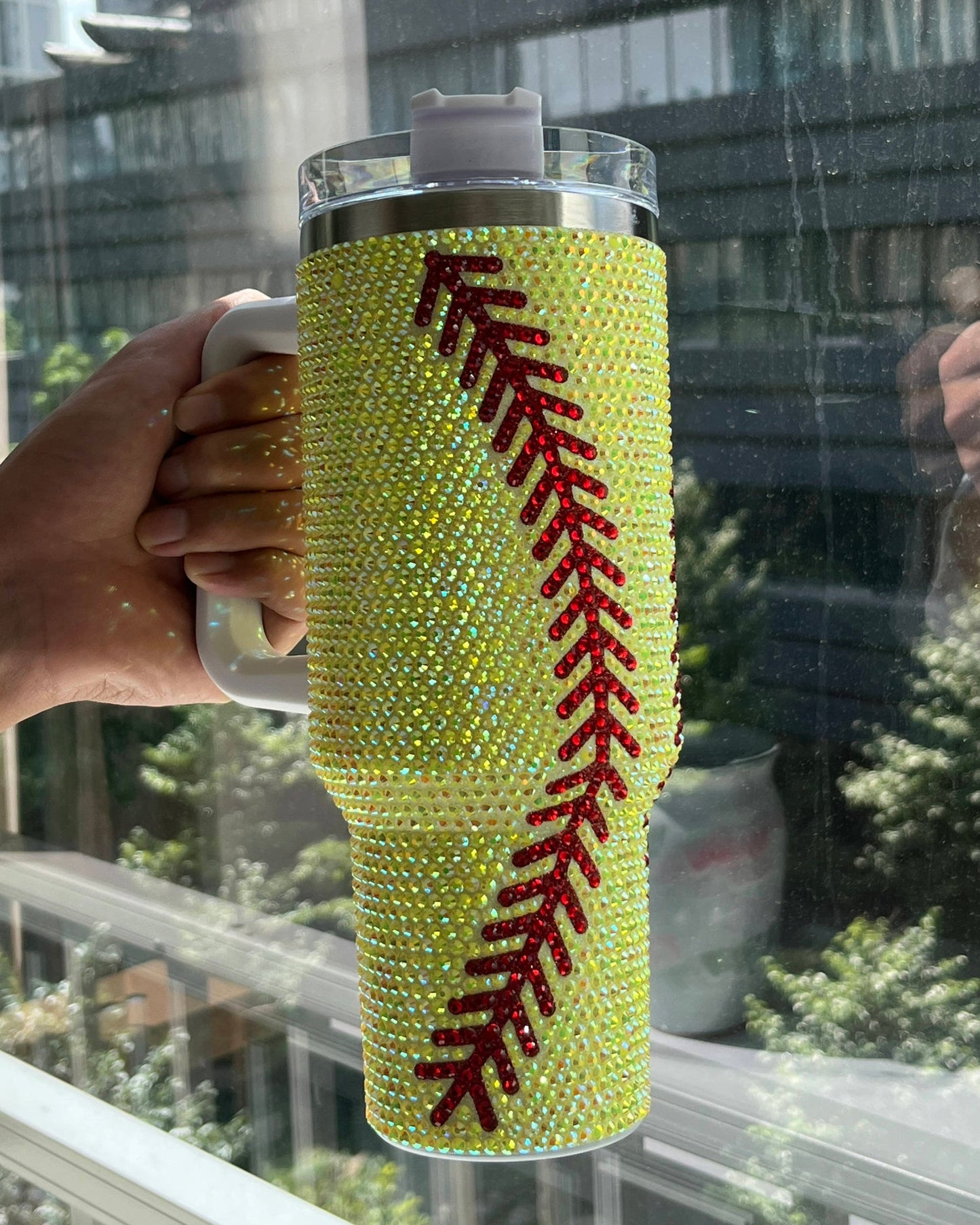 Crystal Softball Yellow/Red "Blinged Out" 40 Oz. Tumbler