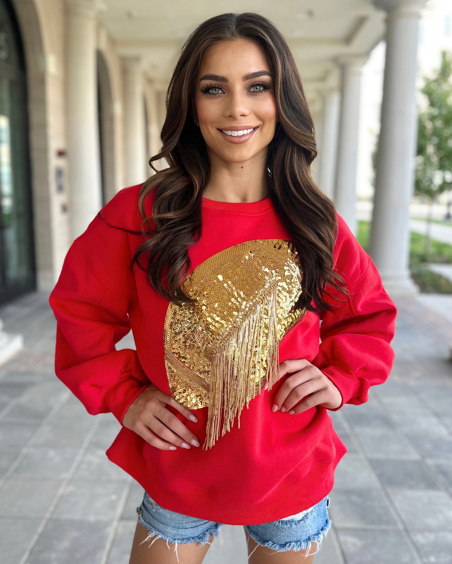 Red/Gold Sequin Fringe Football Pullover