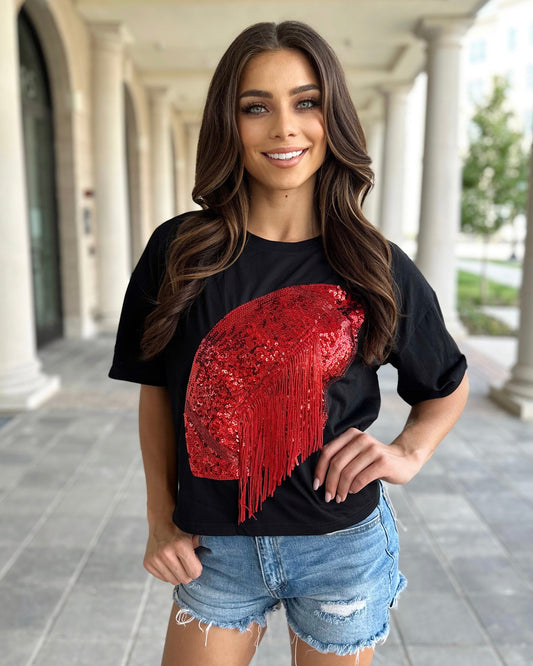 Black/Red Cropped Sequin Fringe Football Tee