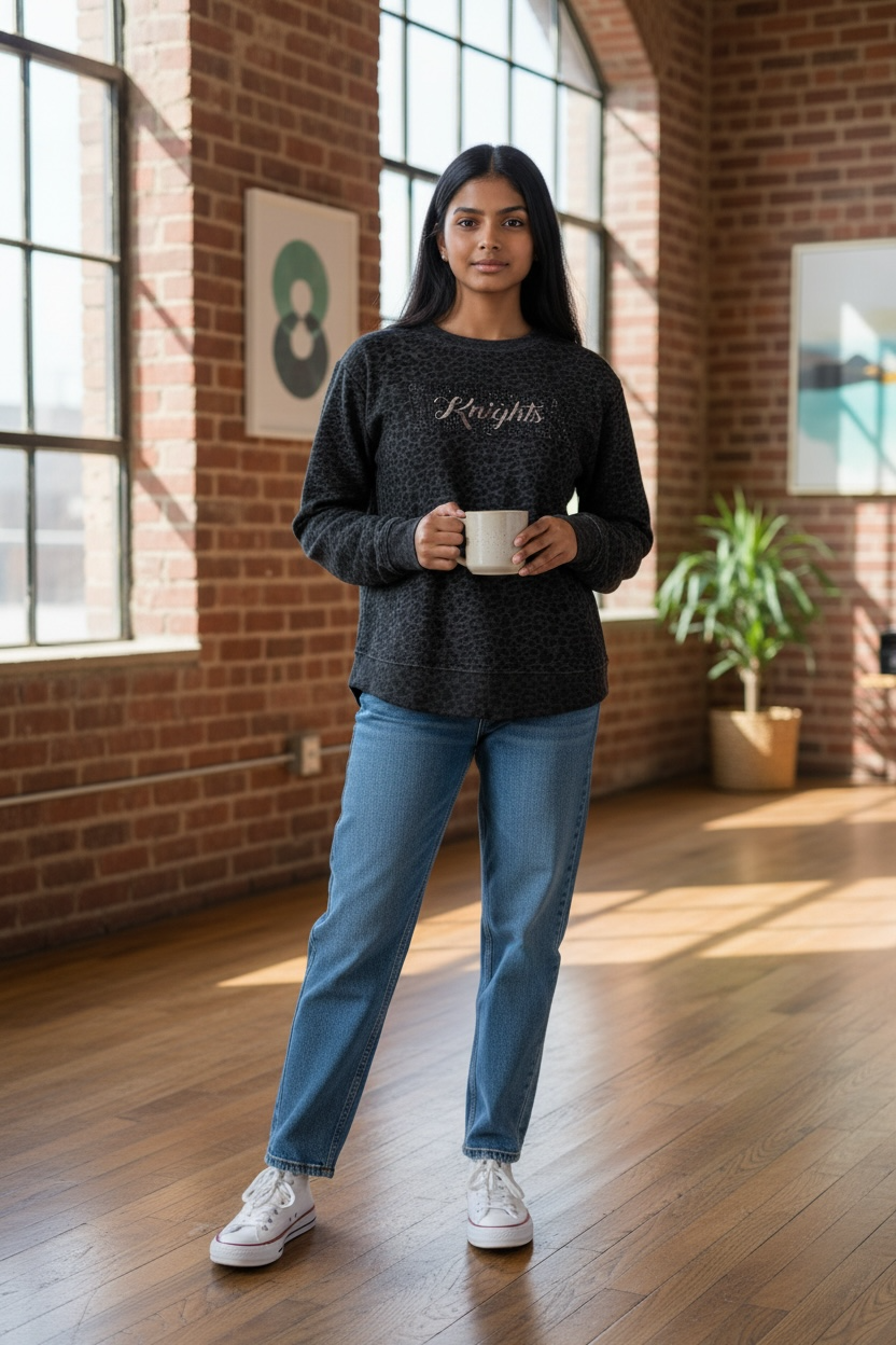 Windsor - Women’s Weekend Fleece Crewneck Sweatshirt with WAK Knights Glitter Appliqué - Black Leopard (3525)