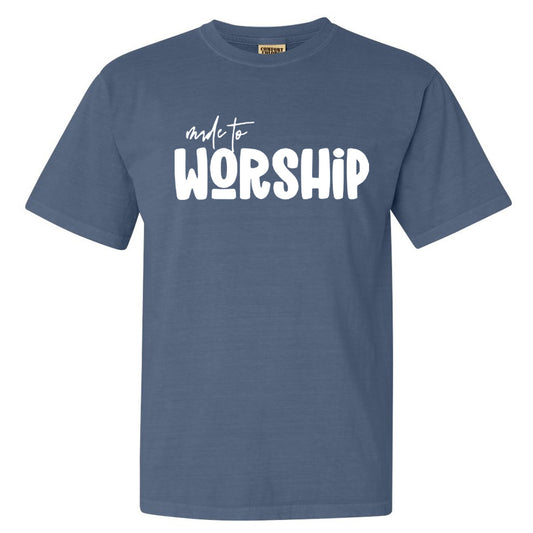 Made To Worship Bubble Letters - Comfort Color Tee - Blue Jean - Southern Grace Creations