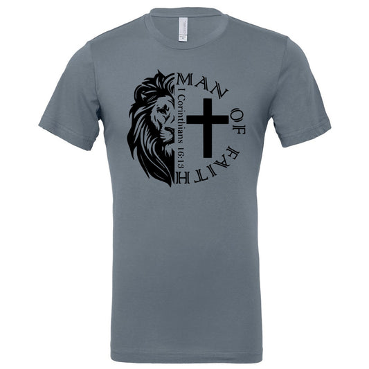 Man of Faith Lion - Steel Blue Short Sleeves Tee - Southern Grace Creations