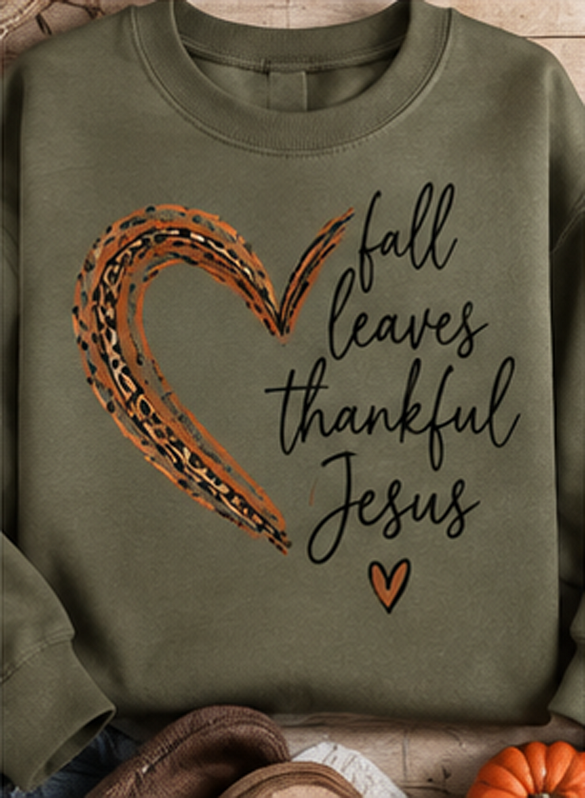 Orange Leopard Heart and Thankful Script - Military Green (Tee/Sweatshirt/Hoodie)