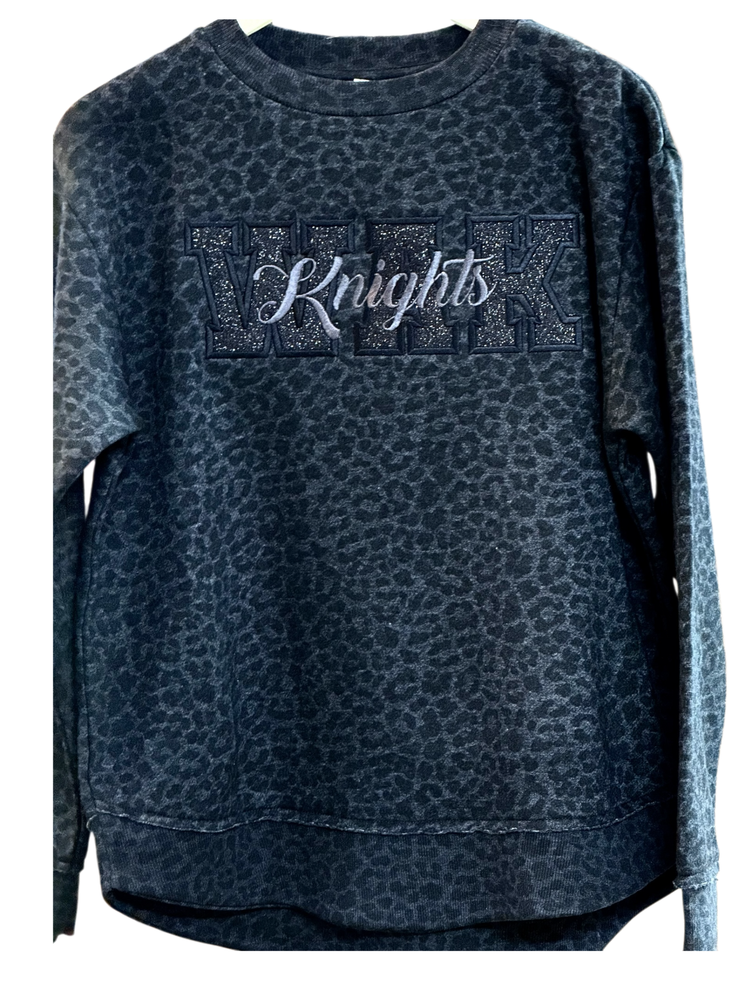 Windsor - Women’s Weekend Fleece Crewneck Sweatshirt with WAK Knights Glitter Appliqué - Black Leopard (3525)