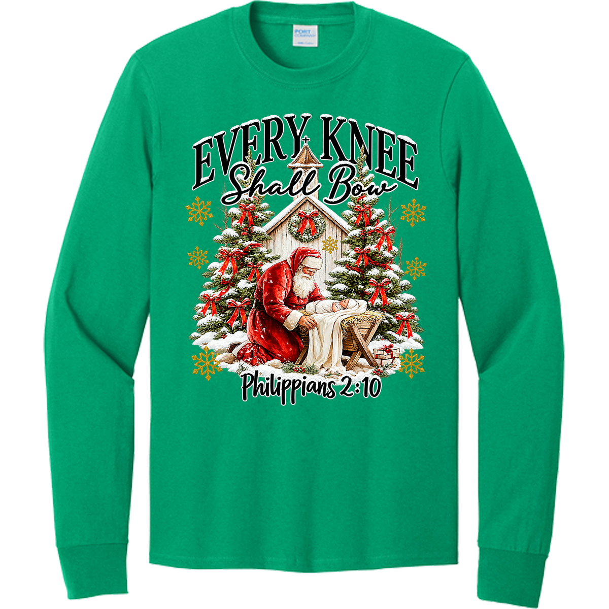 Santa and Baby Jesus Every Knee Shall Bow - Kelly Green (Tee/Sweatshirt/Hoodie)