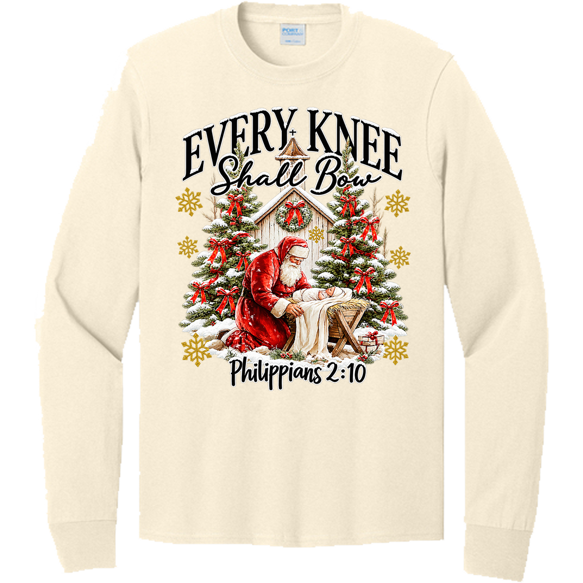 Santa and Baby Jesus Every Knee Shall Bow - Natural (Tee/Sweatshirt/Hoodie)