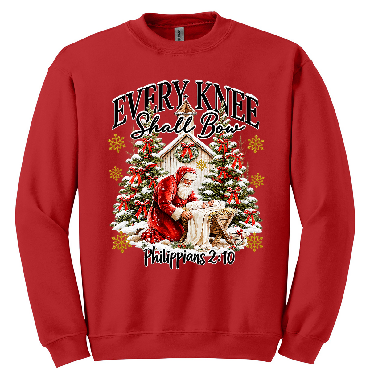 Santa and Baby Jesus Every Knee Shall Bow - Red (Tee/Sweatshirt/Hoodie)