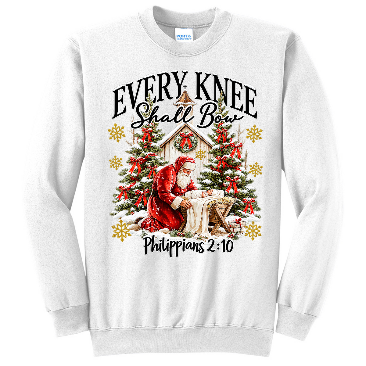 Santa and Baby Jesus Every Knee Shall Bow - White (Tee/Sweatshirt/Hoodie)