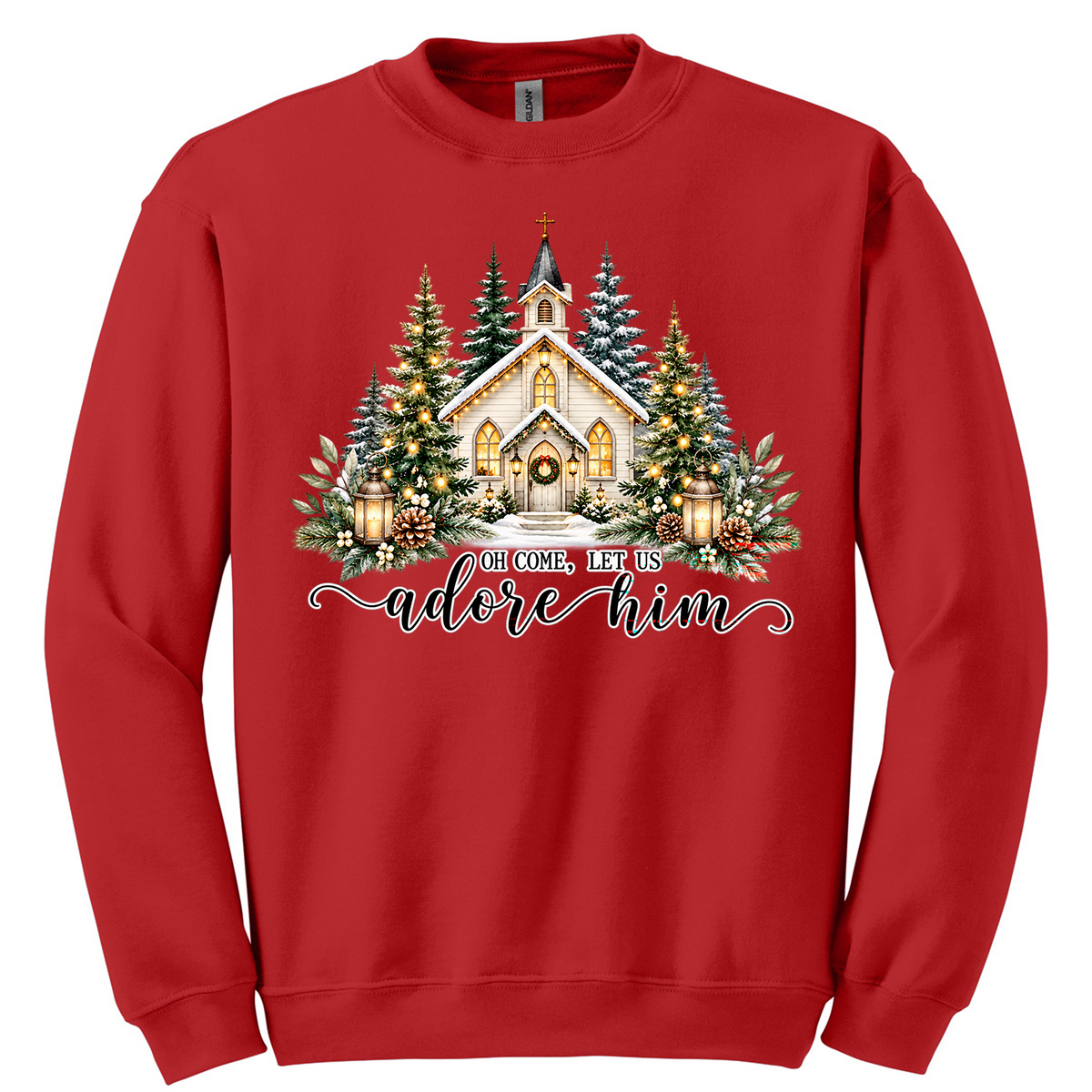 Snowy church winter lettering design - Red (Tee/Sweatshirt/Hoodie)