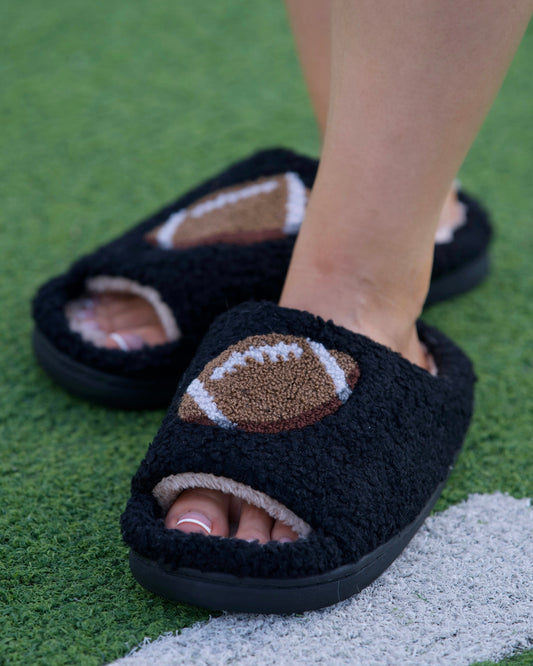 Black Cozy Plush Open Toe Football Slippers