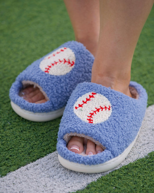Blue Baseball Cozy Plush Open Toe Slippers
