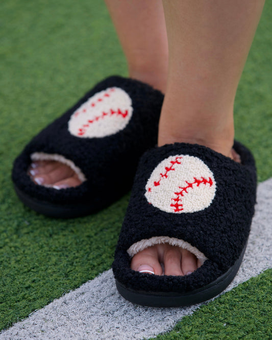 Black Baseball Cozy Plush Open Toe Slippers