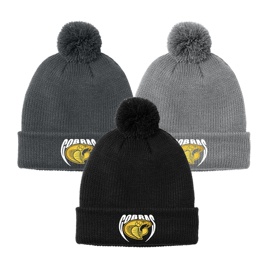 •Twiggs County - Cobras Pointed Cobra Head (White/Gold) - Cozy Pom Beanie (C978)