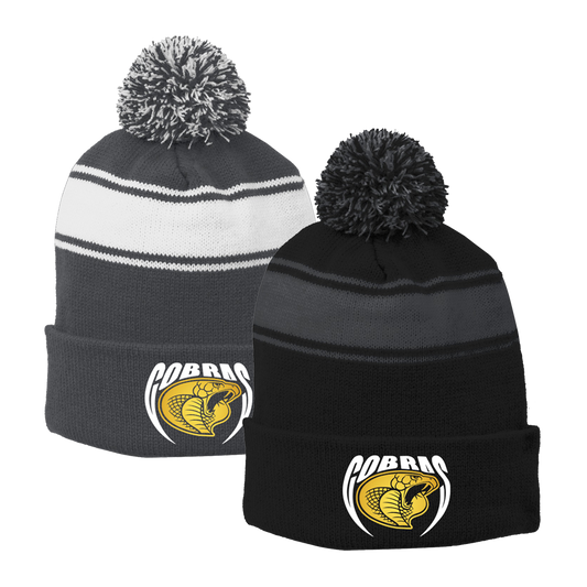 •Twiggs County - Cobras Pointed Cobra Head (White/Gold) - Stripe Pom Pom Beanie (STC28)