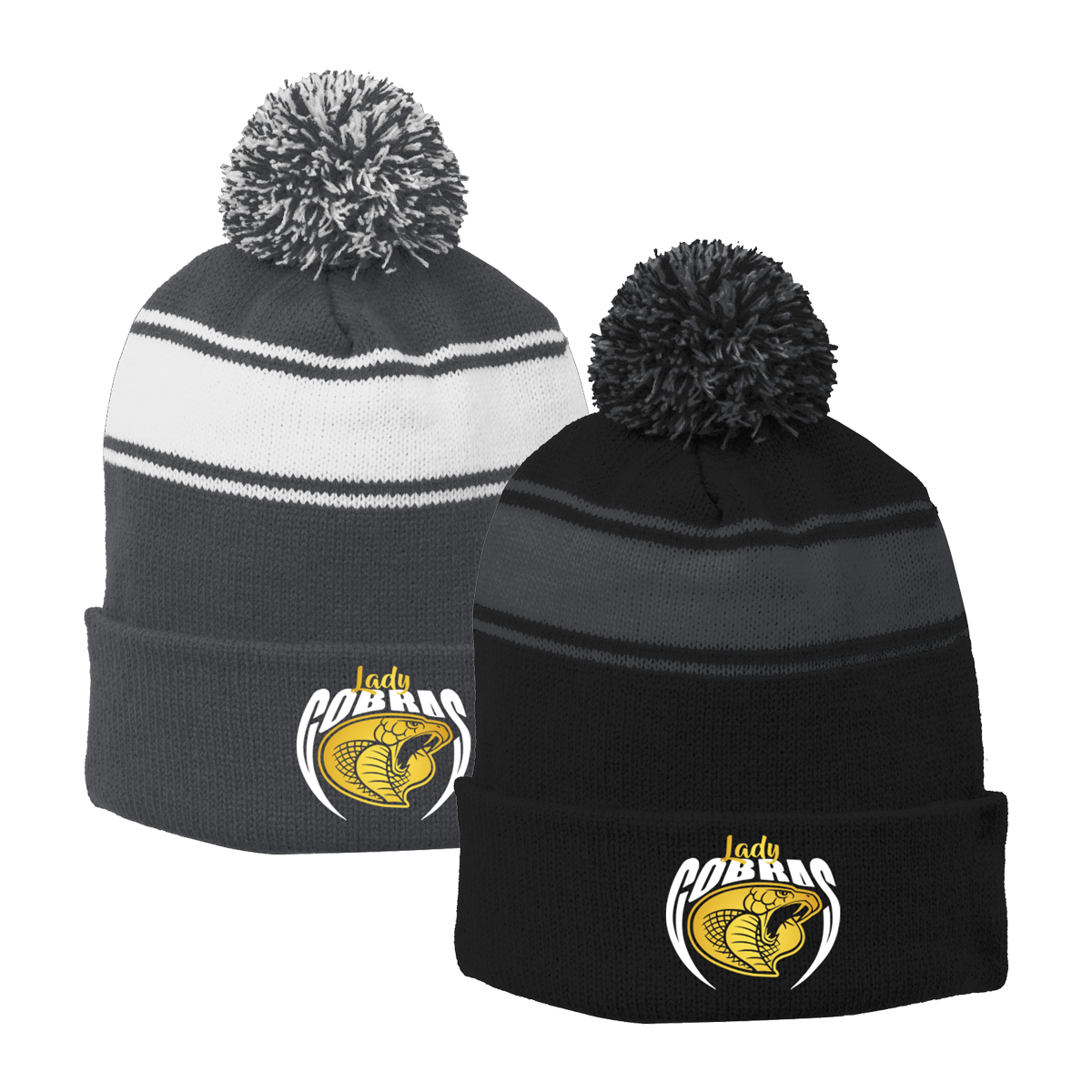 •Twiggs County - Lady Cobras Pointed Cobra Head (White/Gold) - Stripe Pom Pom Beanie (STC28)