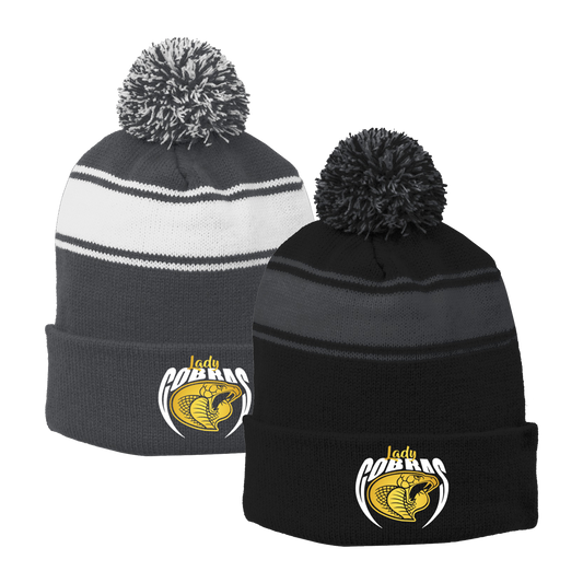 •Twiggs County - Lady Cobras Pointed Cobra Head (White/Gold) - Stripe Pom Pom Beanie (STC28)